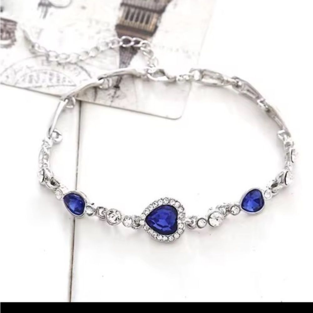 Crystal Blue Rhinestone Blue Ocean Heart Charm Bridal Wedding Bracelet